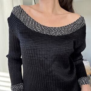 VTG Caren Brook Black Popcorn Texture Top Long Sleeve Polka Dot Wide Neck Size M